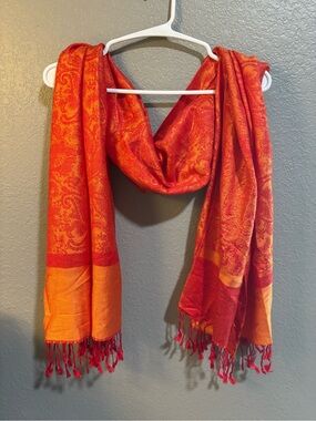 Orange Paisley Fringed Scarf Pashmina cashmere and Silk